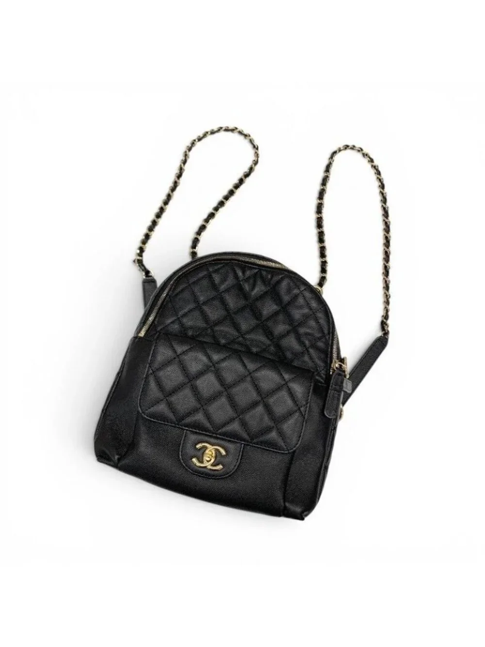 Chanel Backpack Caviar Leather Black Gold Quilted CC Logo Turnlock Chain